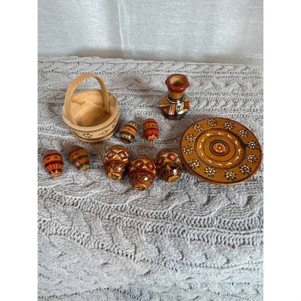 Hand Painted Wooden Nesting Eggs Vases Plate Set Folk Art‎ Decor